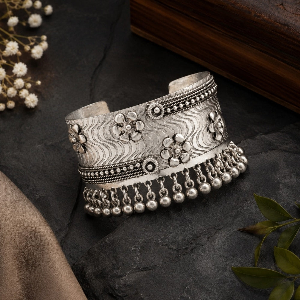 Drisha- Oxidised Silver Floral Ghungroo Cuff Bracelet