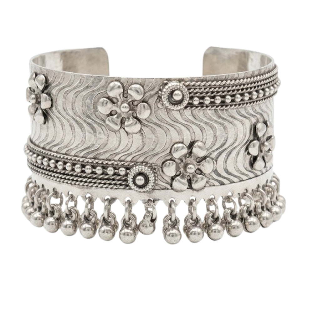 Drisha- Oxidised Silver Floral Ghungroo Cuff Bracelet