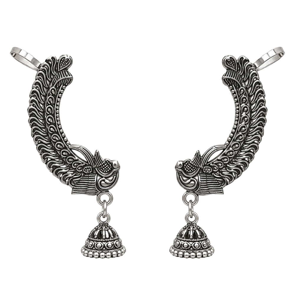 Ziya Oxidised Silver Peacock Jhumka Ear Cuff for Women & Girls