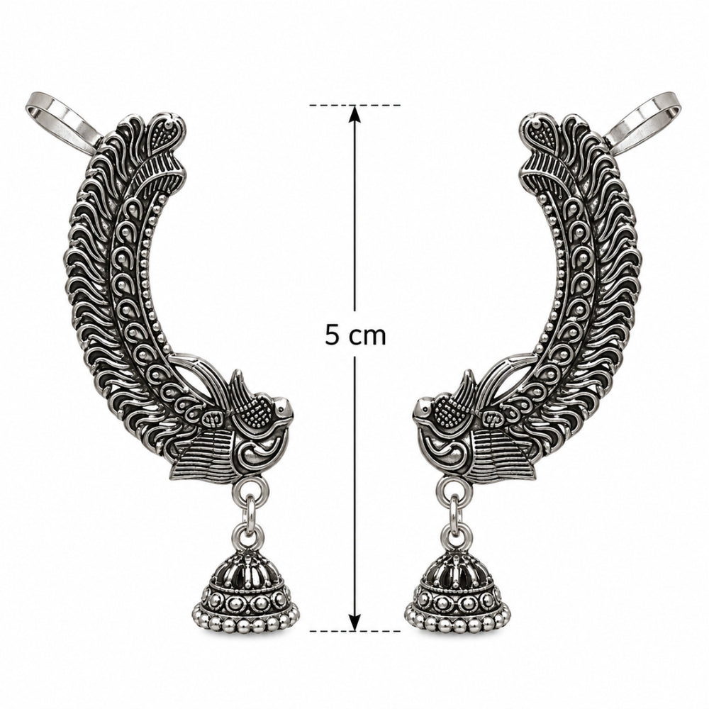Ziya Oxidised Silver Peacock Jhumka Ear Cuff for Women & Girls