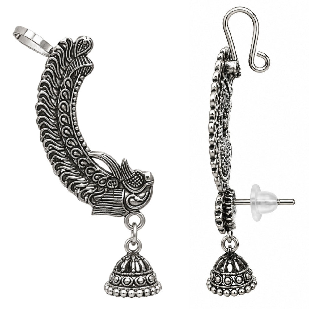 Ziya Oxidised Silver Peacock Jhumka Ear Cuff for Women & Girls