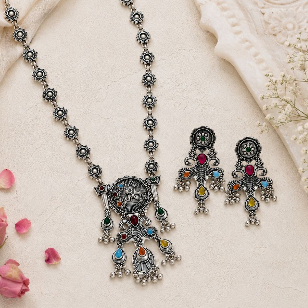 Ridhvi- Multicolour Oxidised Silver Necklace Set
