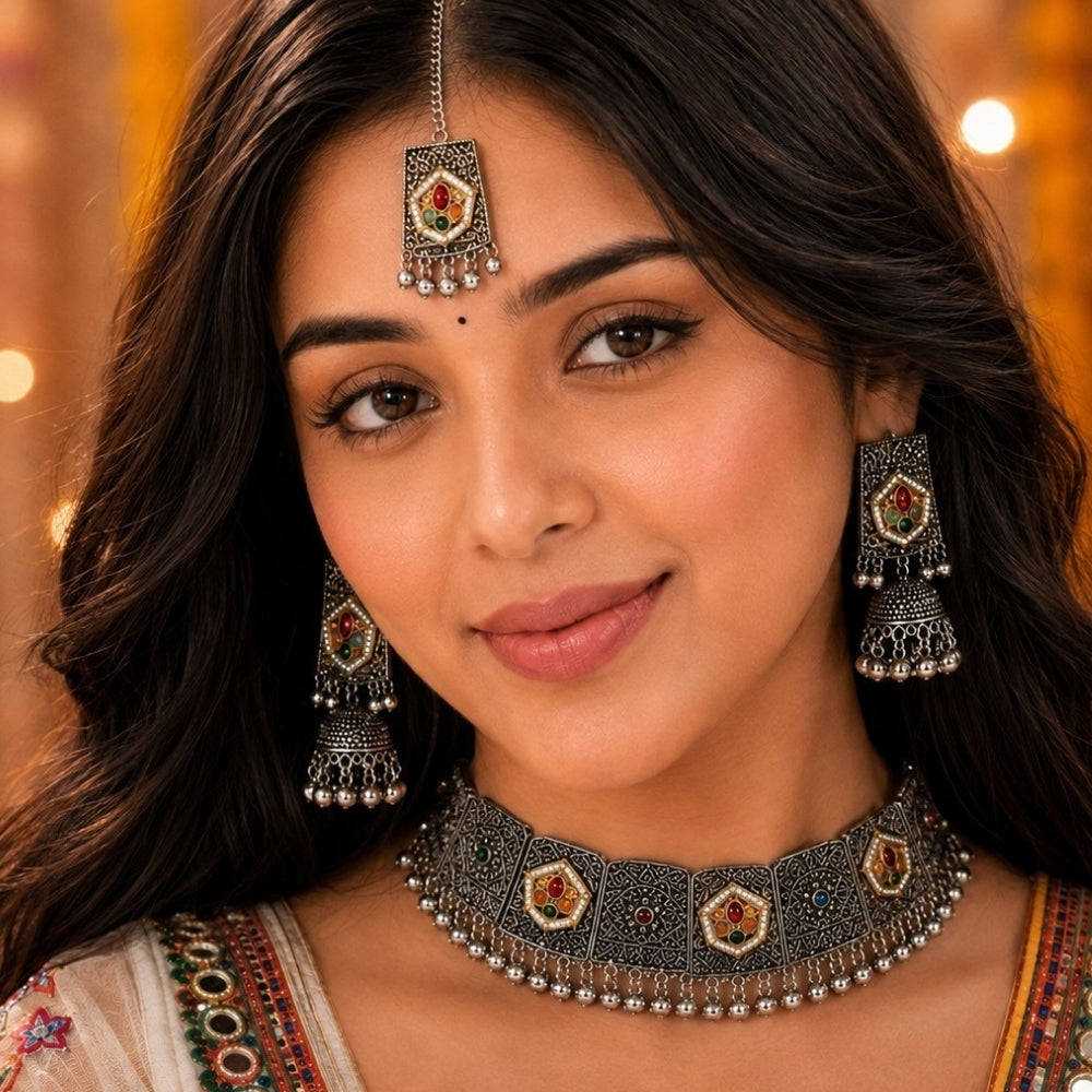 Shivali- Multicolour Oxidised Silver Choker Jewellery Set