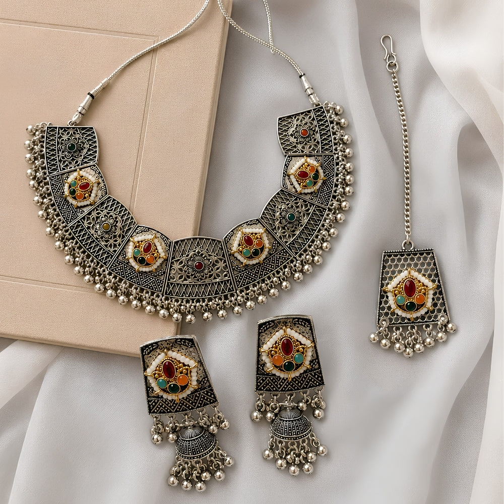 Shivali- Multicolour Oxidised Silver Choker Jewellery Set
