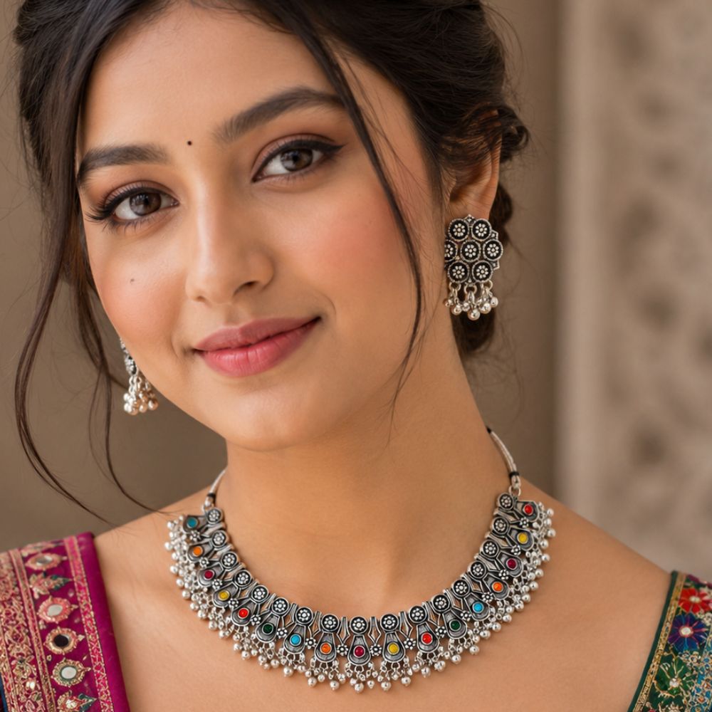 Vruddhi- Multicolour Oxidised Silver Ghungroo Necklace Set