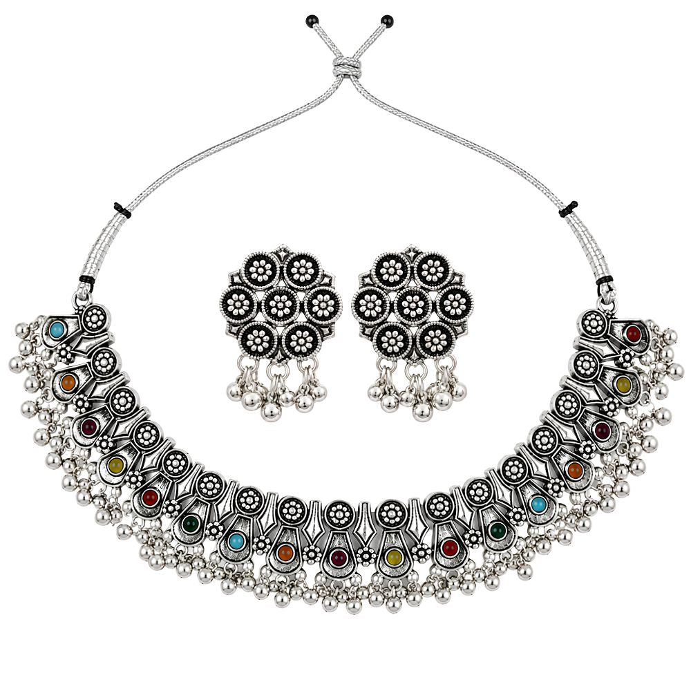 Vruddhi- Multicolour Oxidised Silver Ghungroo Necklace Set