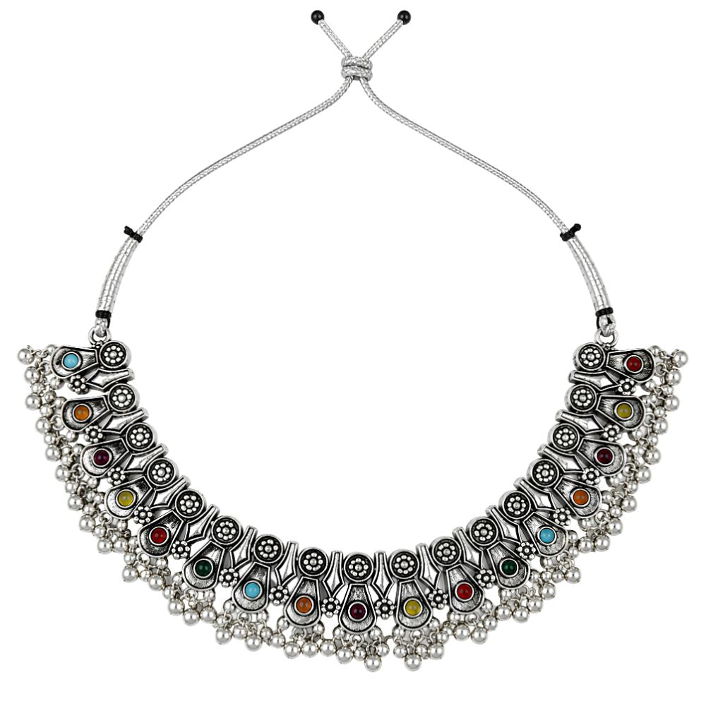 Vruddhi- Multicolour Oxidised Silver Ghungroo Necklace Set