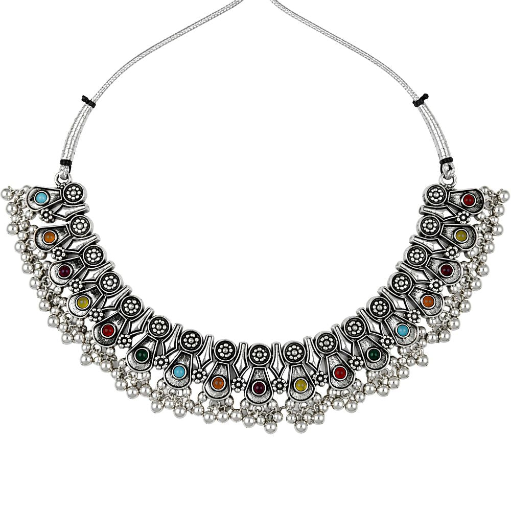 Vruddhi- Multicolour Oxidised Silver Ghungroo Necklace Set