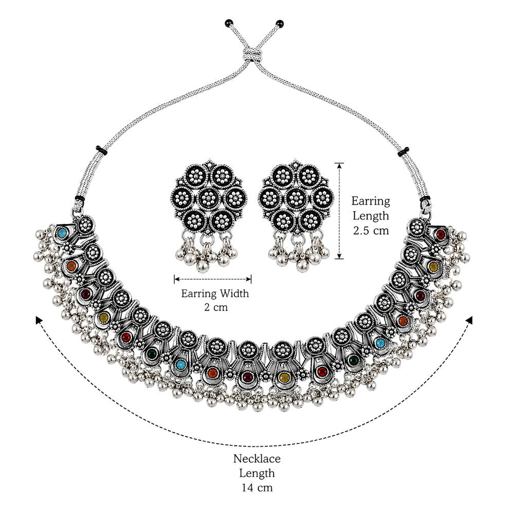 Vruddhi- Multicolour Oxidised Silver Ghungroo Necklace Set