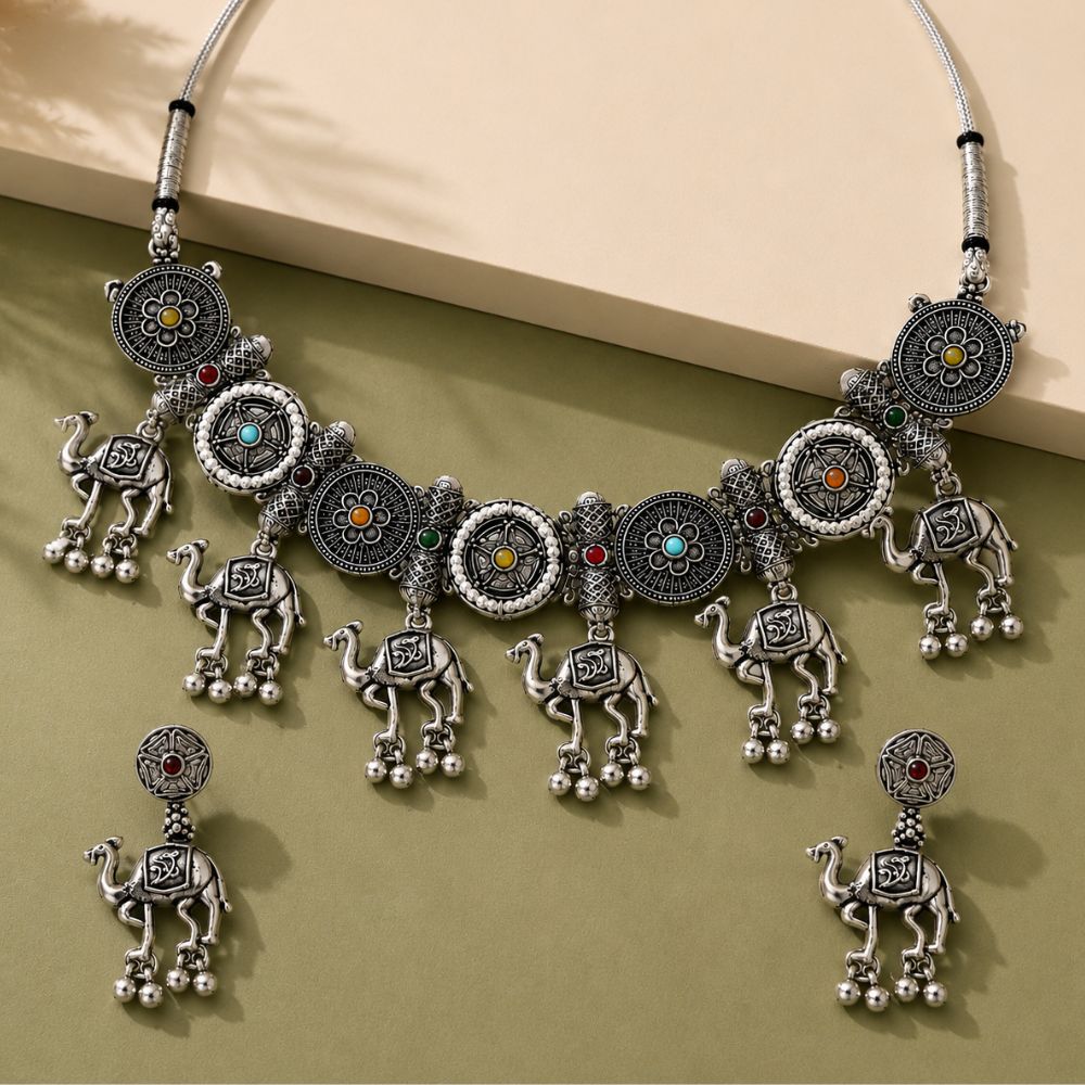Prabhavi -Oxidised Silver Camel Charm Necklace Set