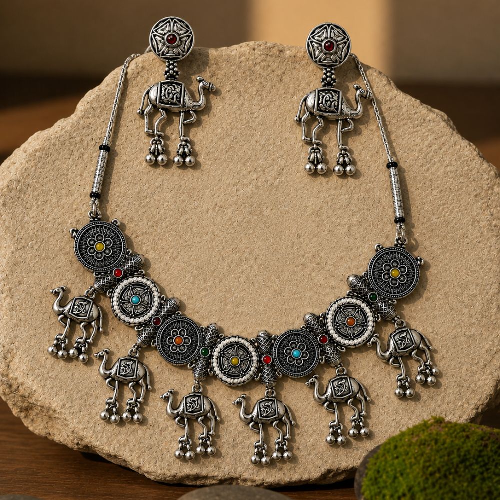 Prabhavi -Oxidised Silver Camel Charm Necklace Set