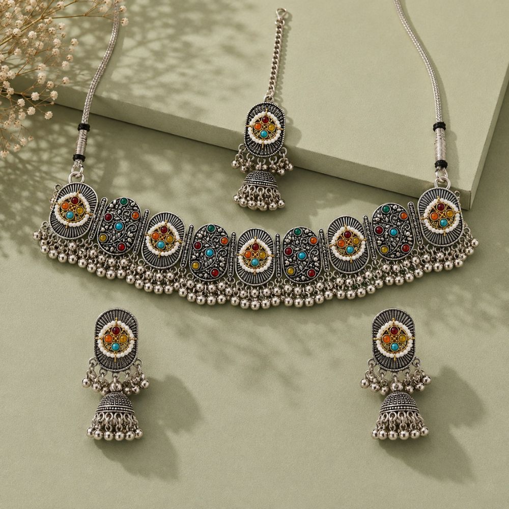 Nishvi- Oxidised Silver Multicolour Choker Jewellery Set