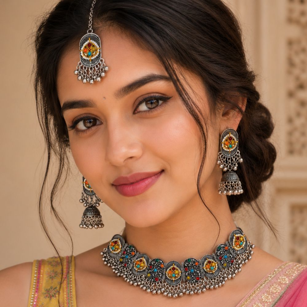 Nishvi- Oxidised Silver Multicolour Choker Jewellery Set