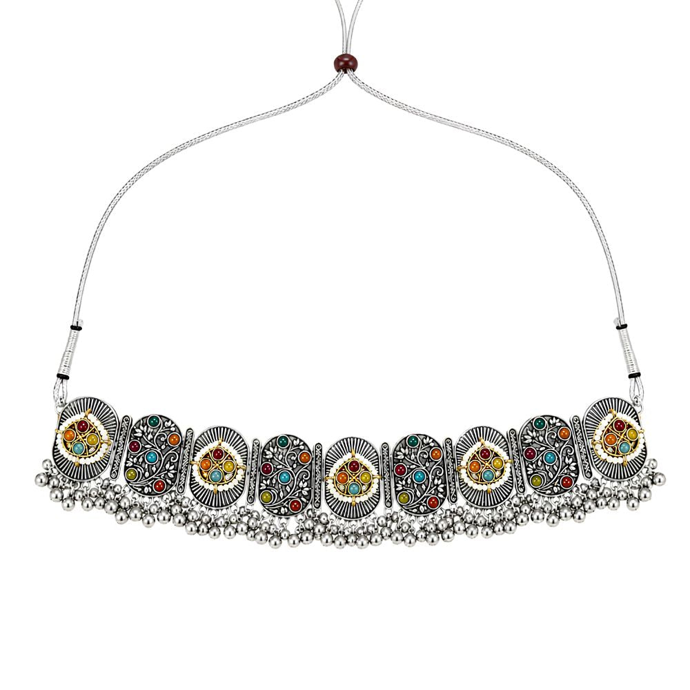 Nishvi- Oxidised Silver Multicolour Choker Jewellery Set