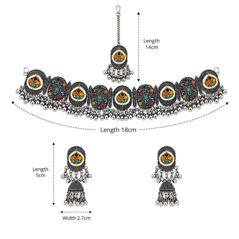 Nishvi- Oxidised Silver Multicolour Choker Jewellery Set