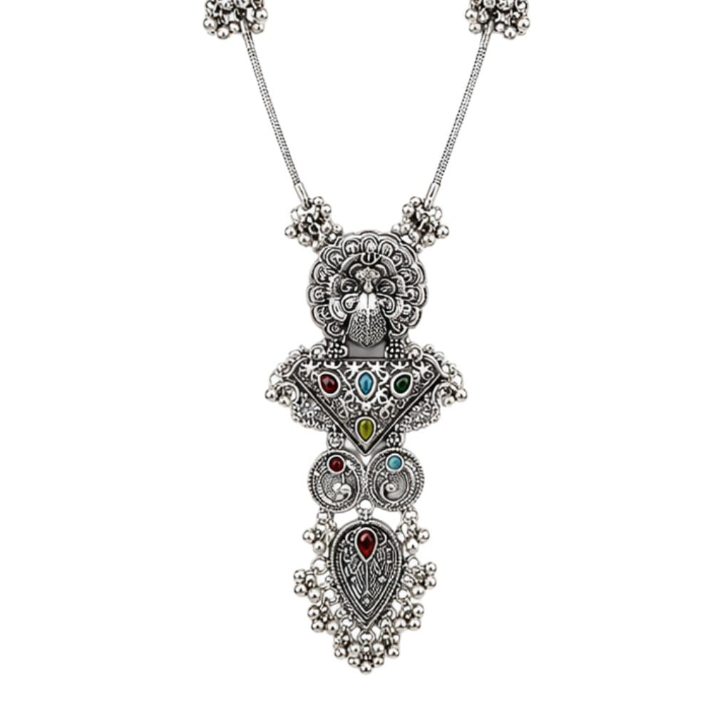 Dhanvika - Oxidised Silver Peacock Pendant Necklace Set