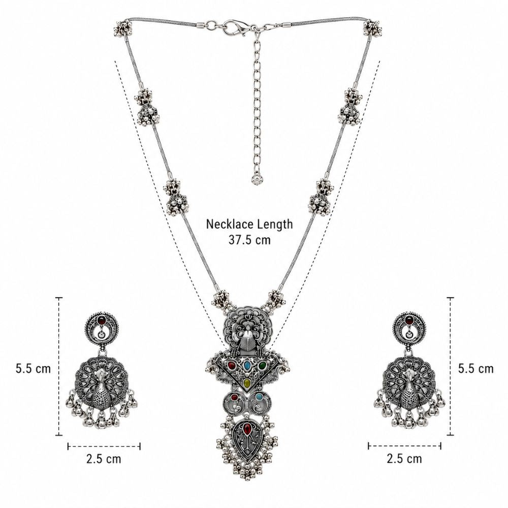 Dhanvika - Oxidised Silver Peacock Pendant Necklace Set