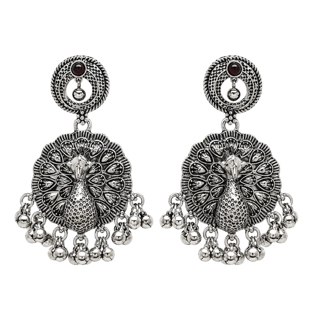 Dhanvika - Oxidised Silver Peacock Pendant Necklace Set