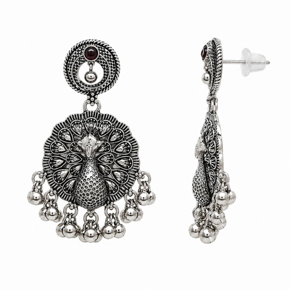 Dhanvika - Oxidised Silver Peacock Pendant Necklace Set