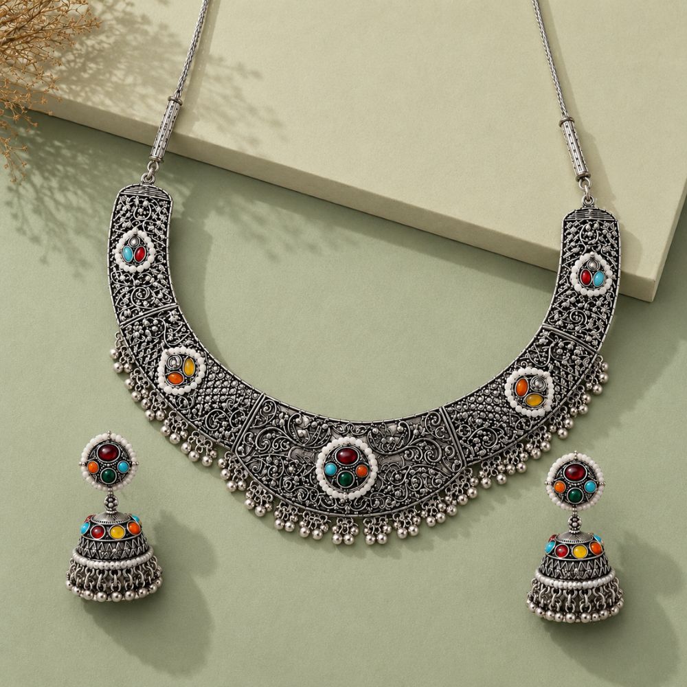 Sameeksha Oxidised Silver Multicolour Choker Set
