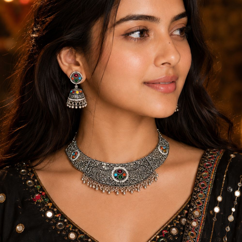 Sameeksha Oxidised Silver Multicolour Choker Set