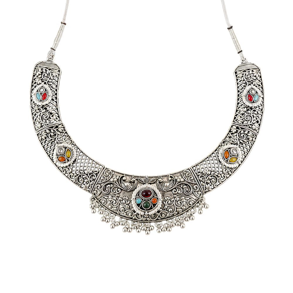 Sameeksha Oxidised Silver Multicolour Choker Set