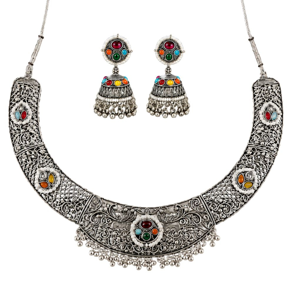Sameeksha Oxidised Silver Multicolour Choker Set