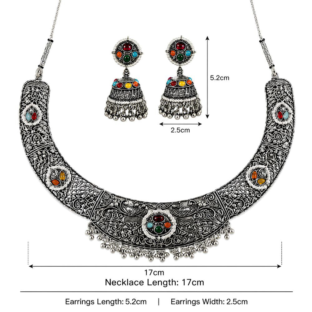 Sameeksha Oxidised Silver Multicolour Choker Set