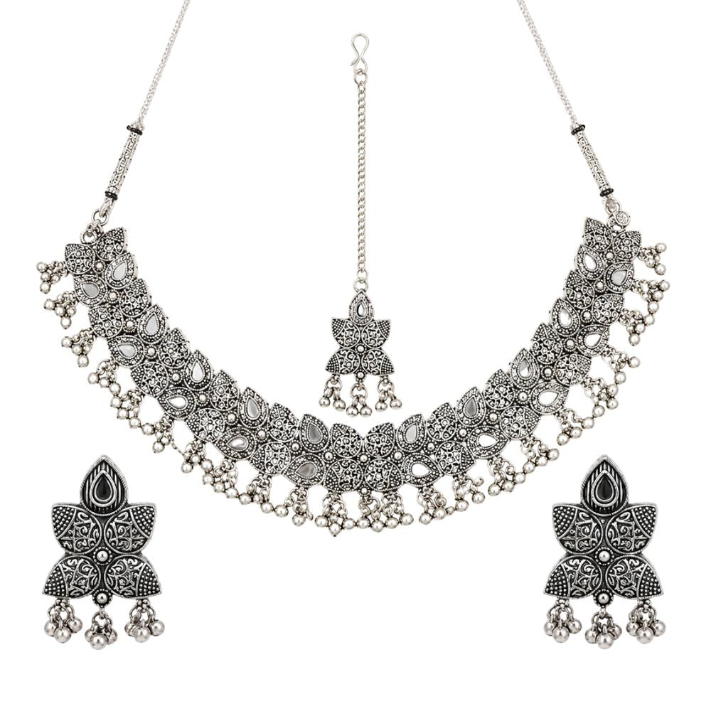 Evara- Oxidised Silver Floral Choker Jewellery Set