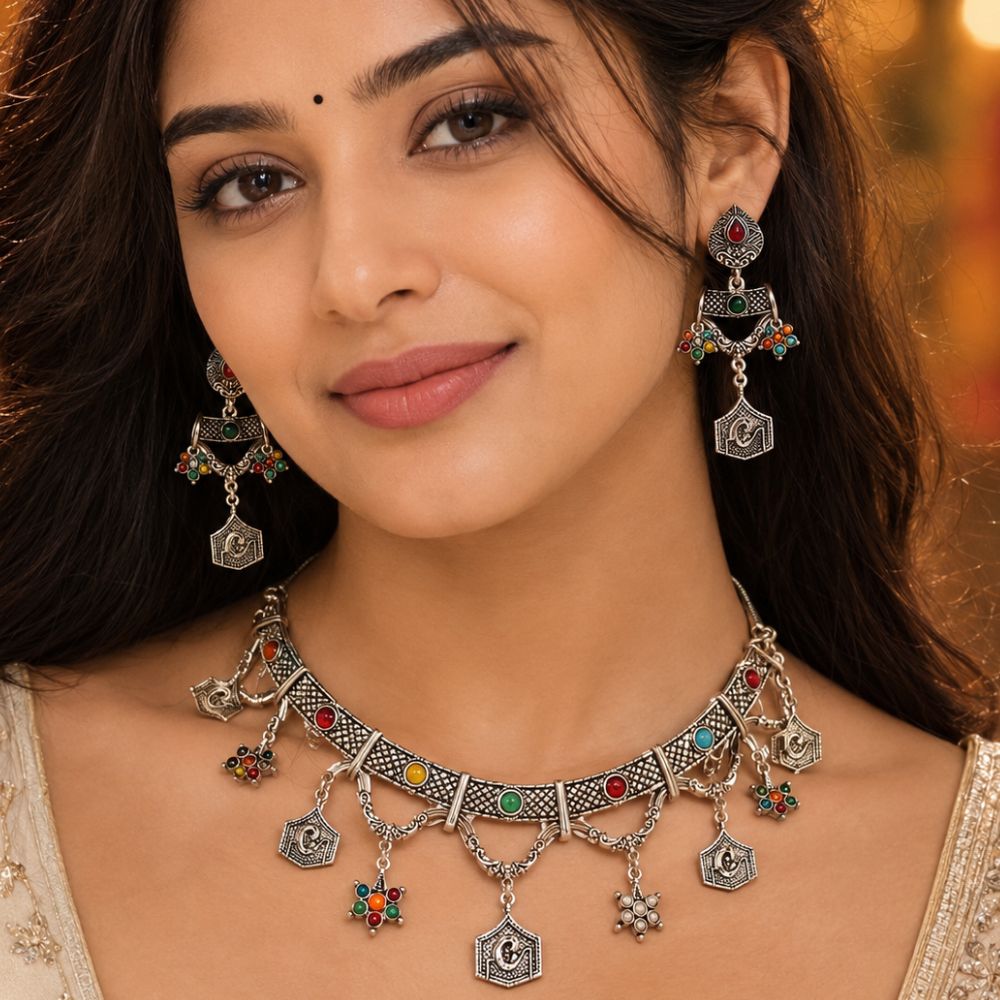 Tarishi- Oxidised Silver Multicolour Charm Necklace Set