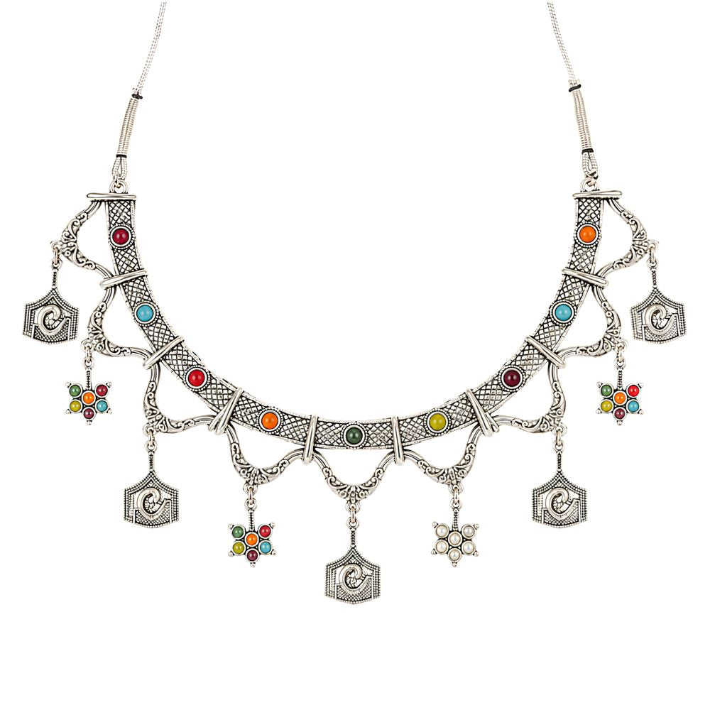 Tarishi- Oxidised Silver Multicolour Charm Necklace Set