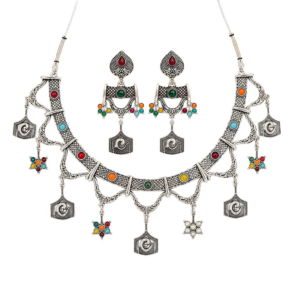 Tarishi- Oxidised Silver Multicolour Charm Necklace Set