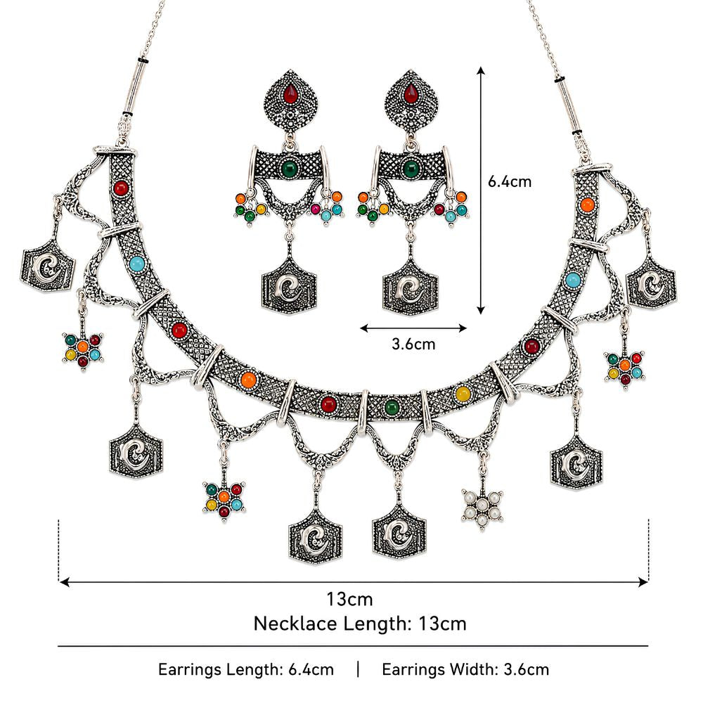 Tarishi- Oxidised Silver Multicolour Charm Necklace Set