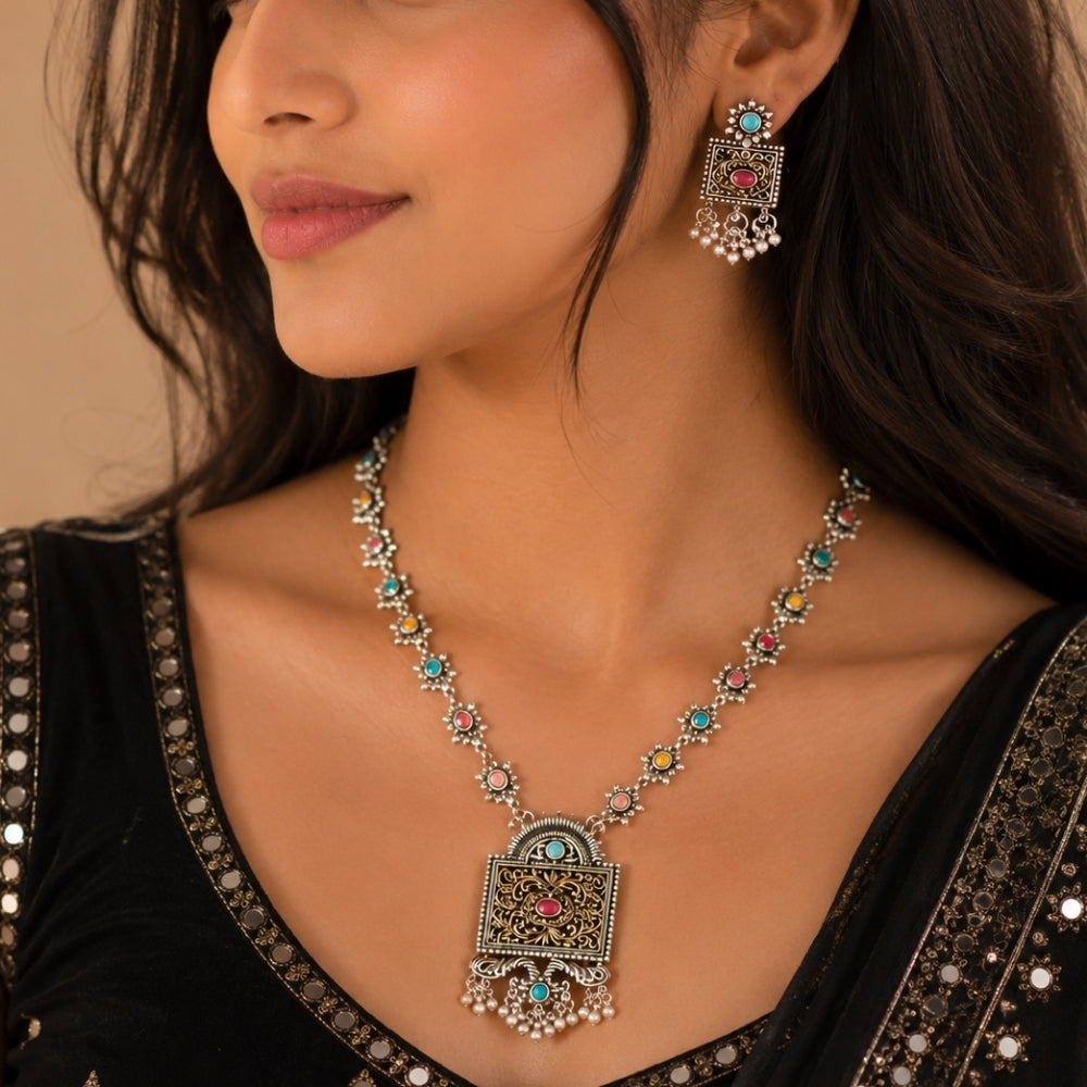 Gargee- Oxidised Silver Multicolour Necklace Set