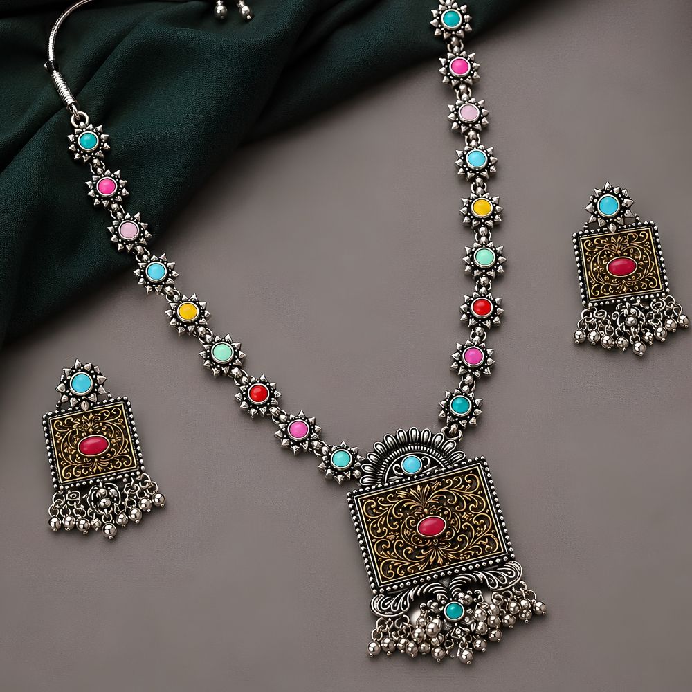 Gargee- Oxidised Silver Multicolour Necklace Set