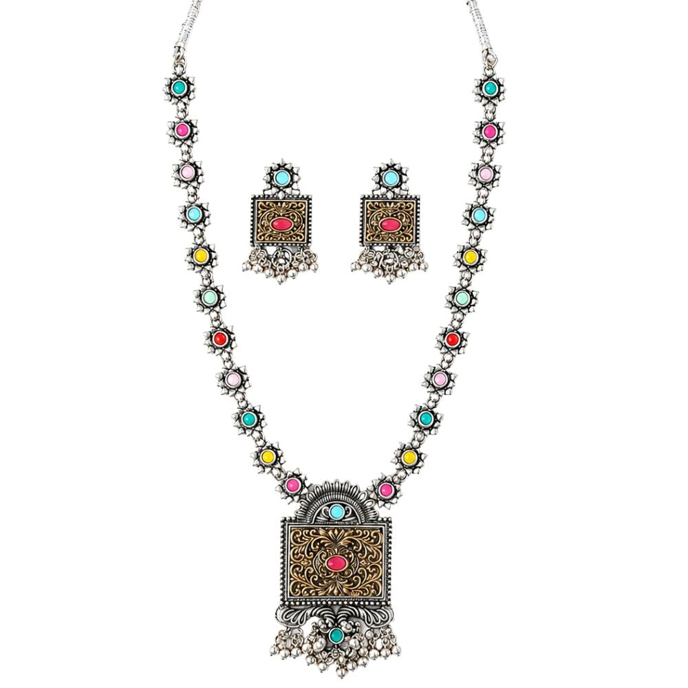 Gargee- Oxidised Silver Multicolour Necklace Set