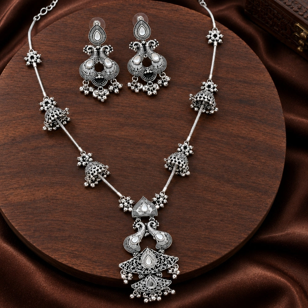 Bhavana- Oxidised Silver Peacock Long Necklace Set