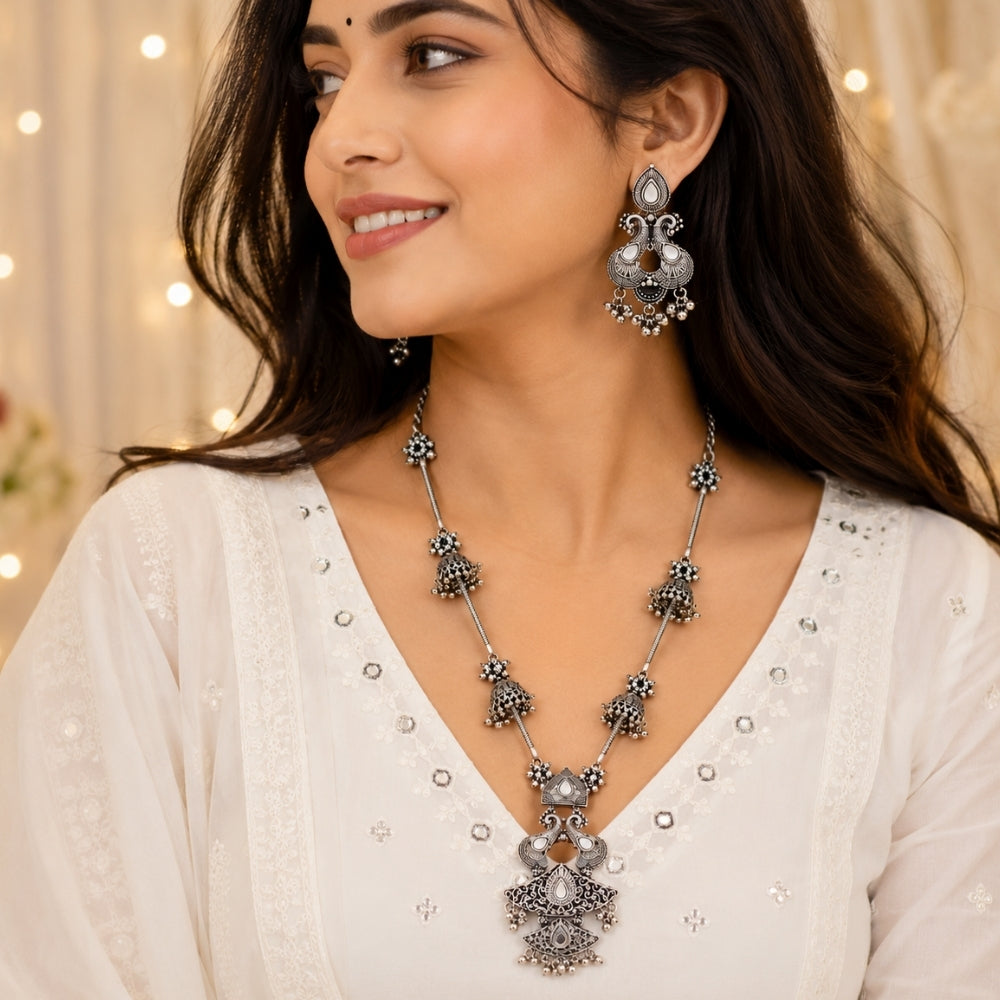 Bhavana- Oxidised Silver Peacock Long Necklace Set