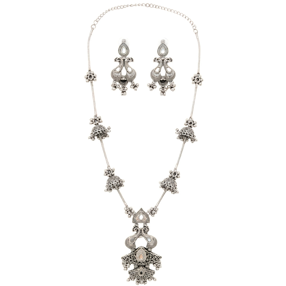 Bhavana- Oxidised Silver Peacock Long Necklace Set