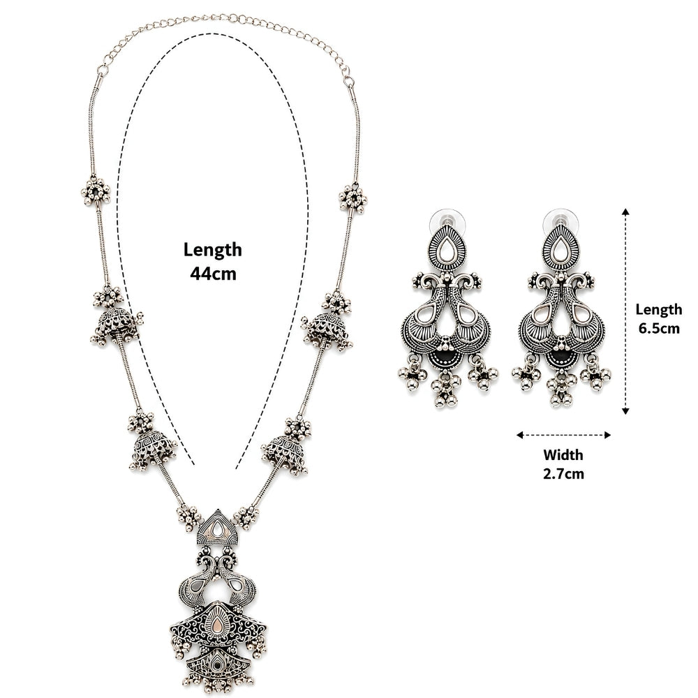 Bhavana- Oxidised Silver Peacock Long Necklace Set