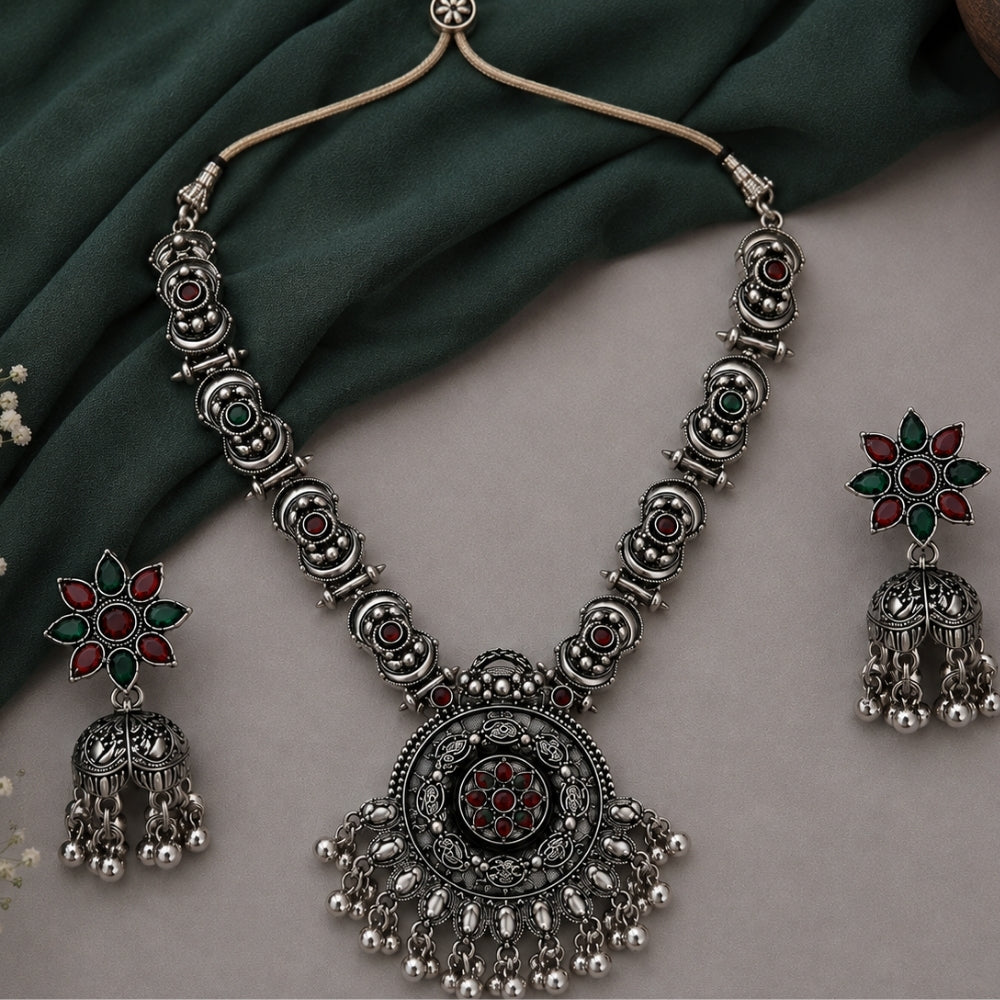 Dakshina- Oxidised Silver Multicolour Pendant Necklace Set