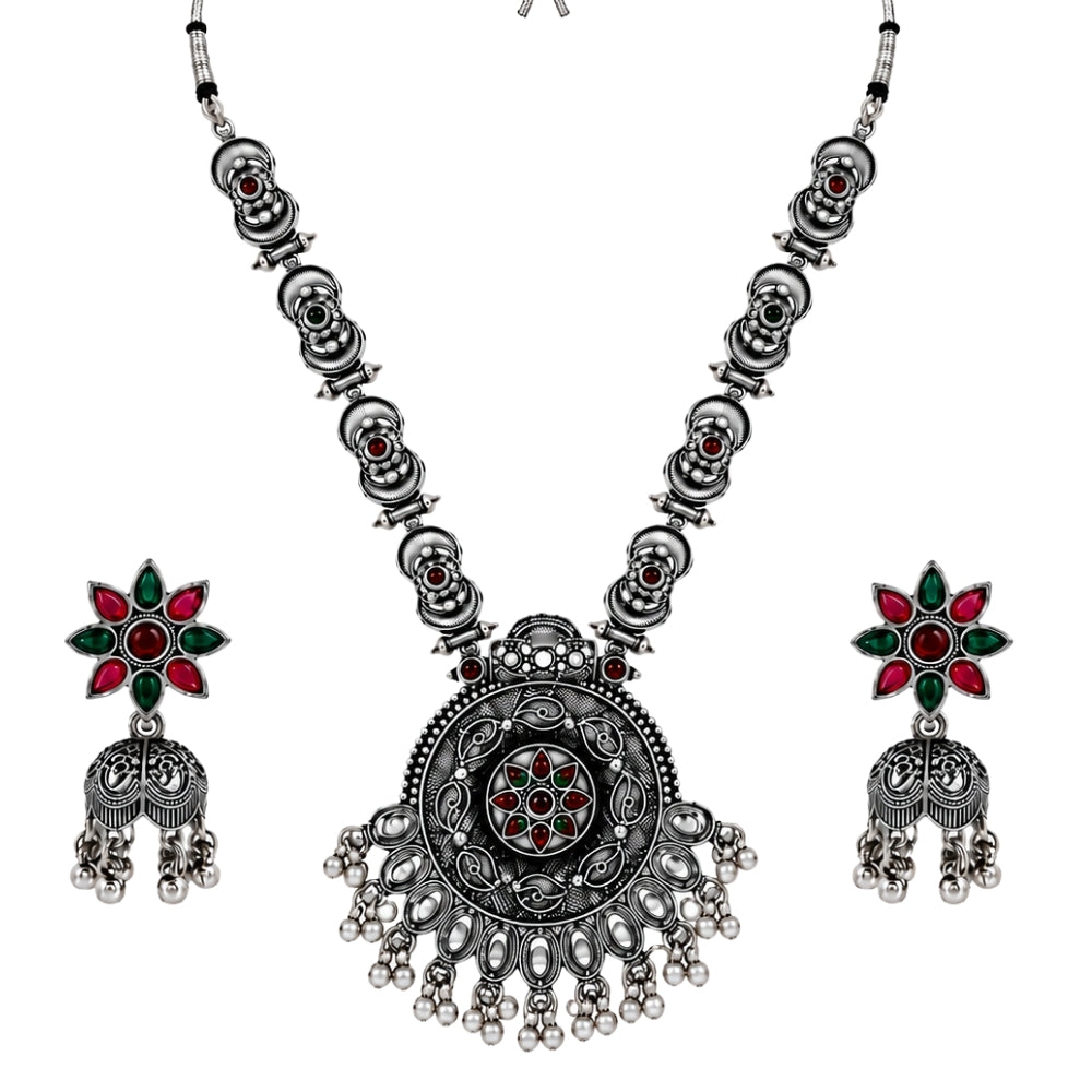 Dakshina- Oxidised Silver Multicolour Pendant Necklace Set
