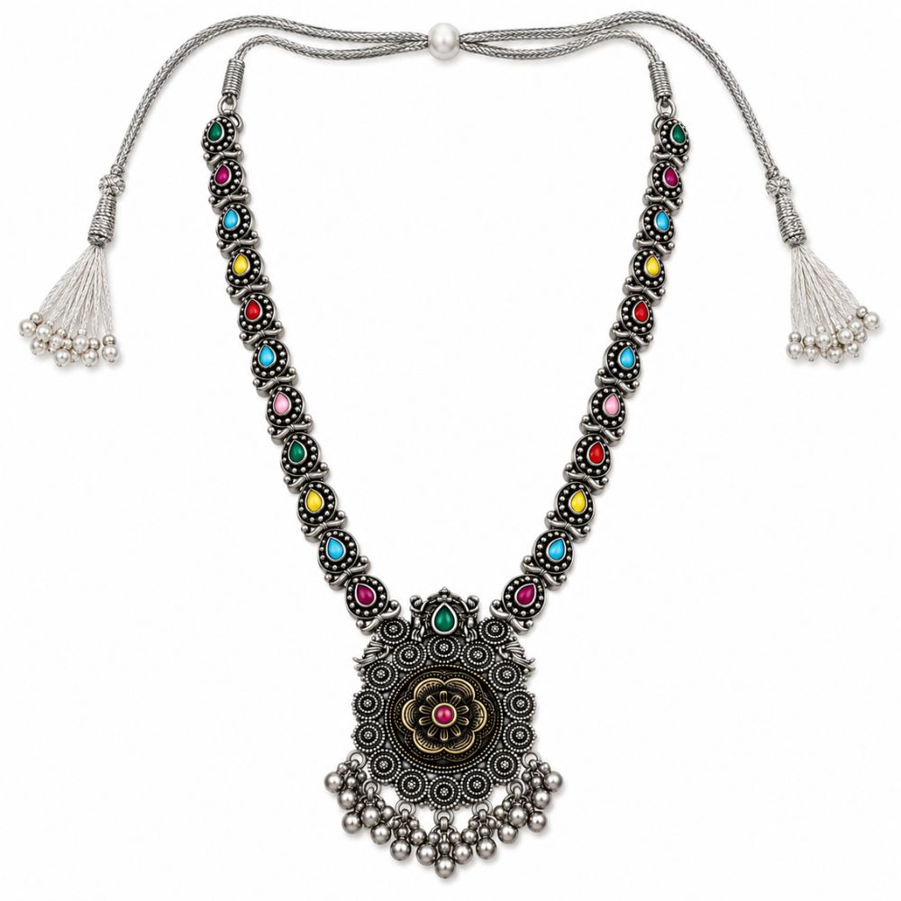 Trishika- Oxidised Silver Multicolour Necklace Set