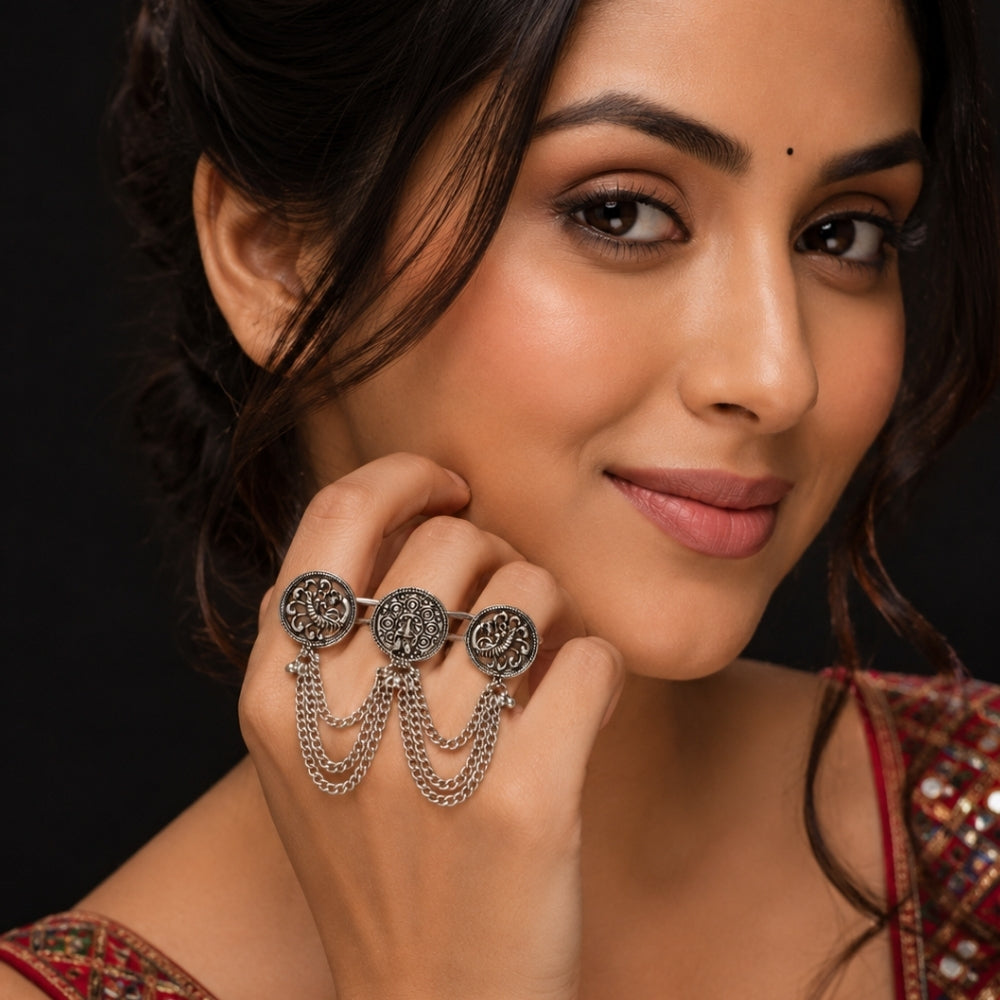 Aryahi-  Oxidised Peacock Chain Statement Ring