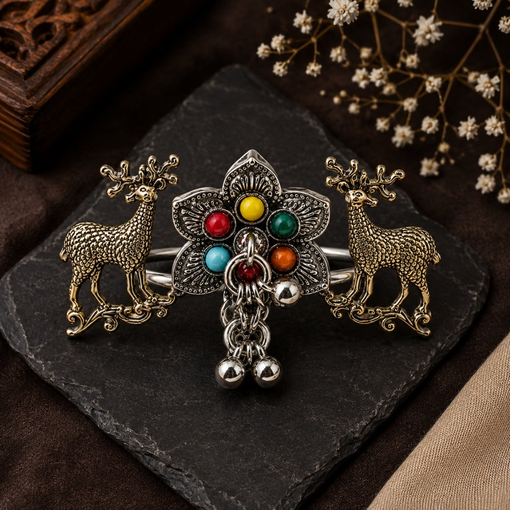 Harini- Oxidised Dual Deer Multicolour Statement Ring