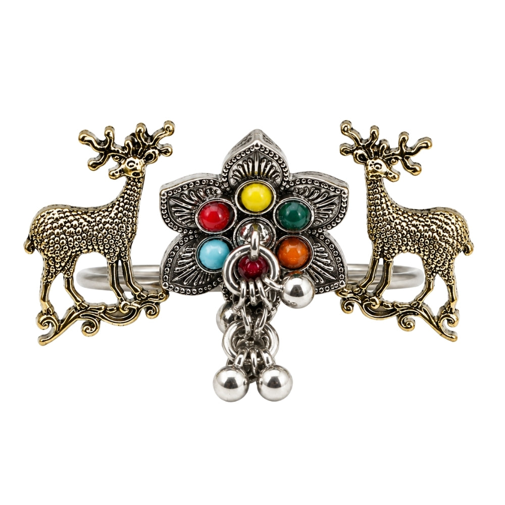 Harini- Oxidised Dual Deer Multicolour Statement Ring