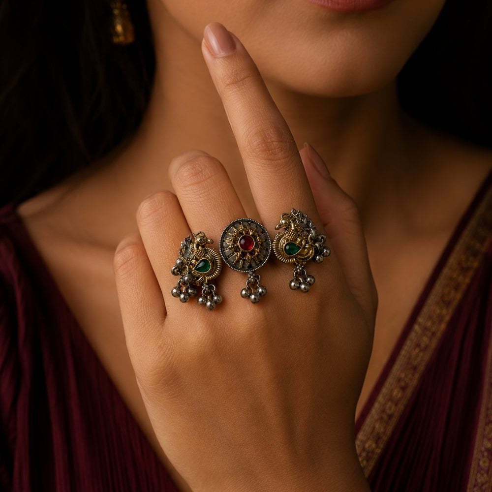 Shreeni-Oxidised Dual Peacock Statement Ring