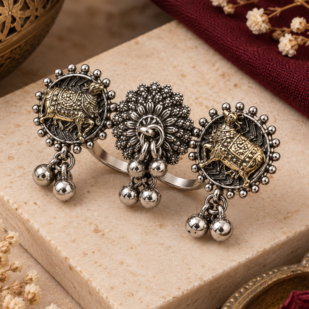 Nihar- Oxidised Silver Dual-Tone Cow Statement Ring for Women