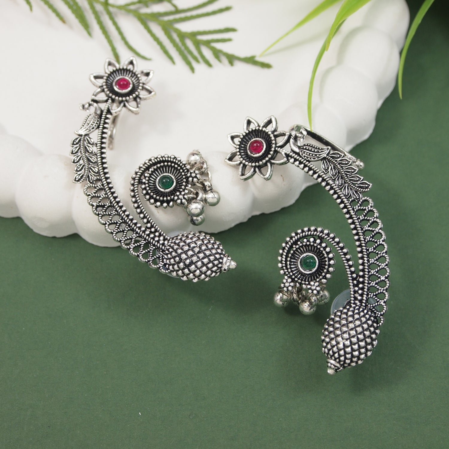 Oxidised Floral Motif Ear Cuffs with Detailing for Women – Navratri Collection