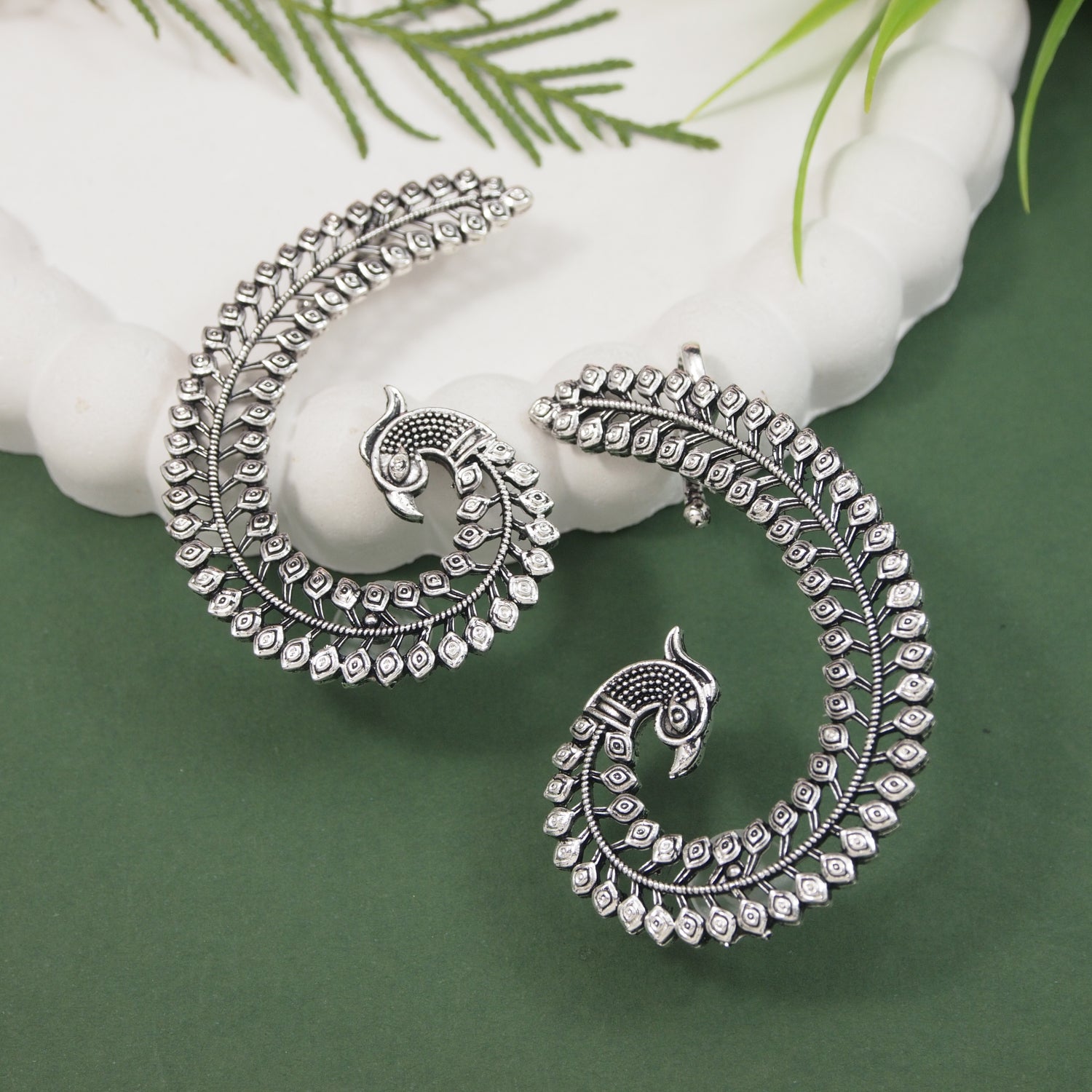 Oxidised Peacock Motif Ear Cuffs for Women – Navratri Collection